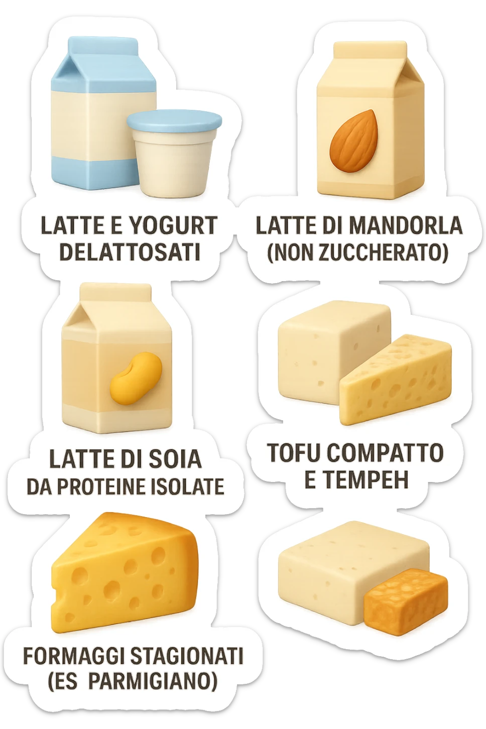 emoji stile iphone 3d di questi elementi che fluttuano in aria:

Latte e yogurt delattosati
Latte di mandorla (non zuccherato)
Latte di soia da proteine isolate
Formaggi stagionati (es. parmigiano)
Tofu compatto e tempeh
 che fluttuano in aria,  le etichette scrivile in italiano, iperealistico 4k sticker