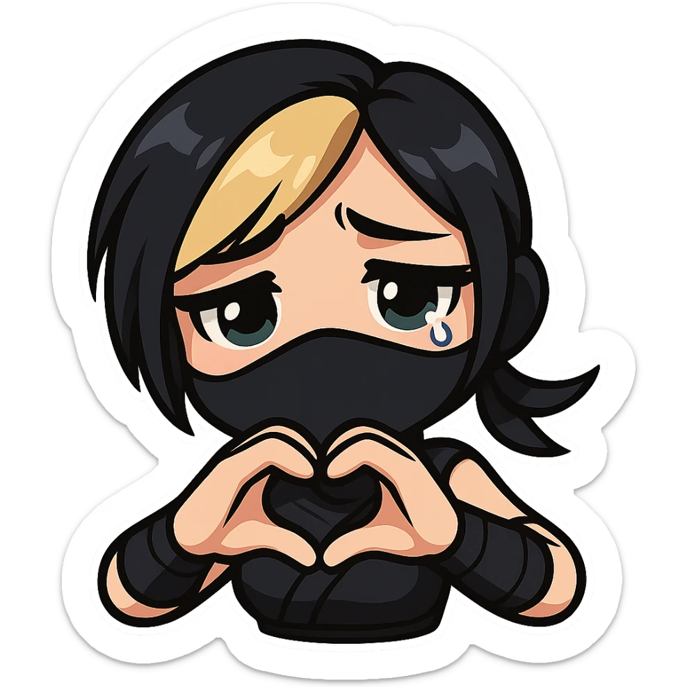 Sexy chibi ninja girl with black short hair and a blonde streak, only head and arms, making a heart gesture with her hands, bold outlines, transparent background, no mask, showing a sad emotion, sized for Twitch emoji use. sticker