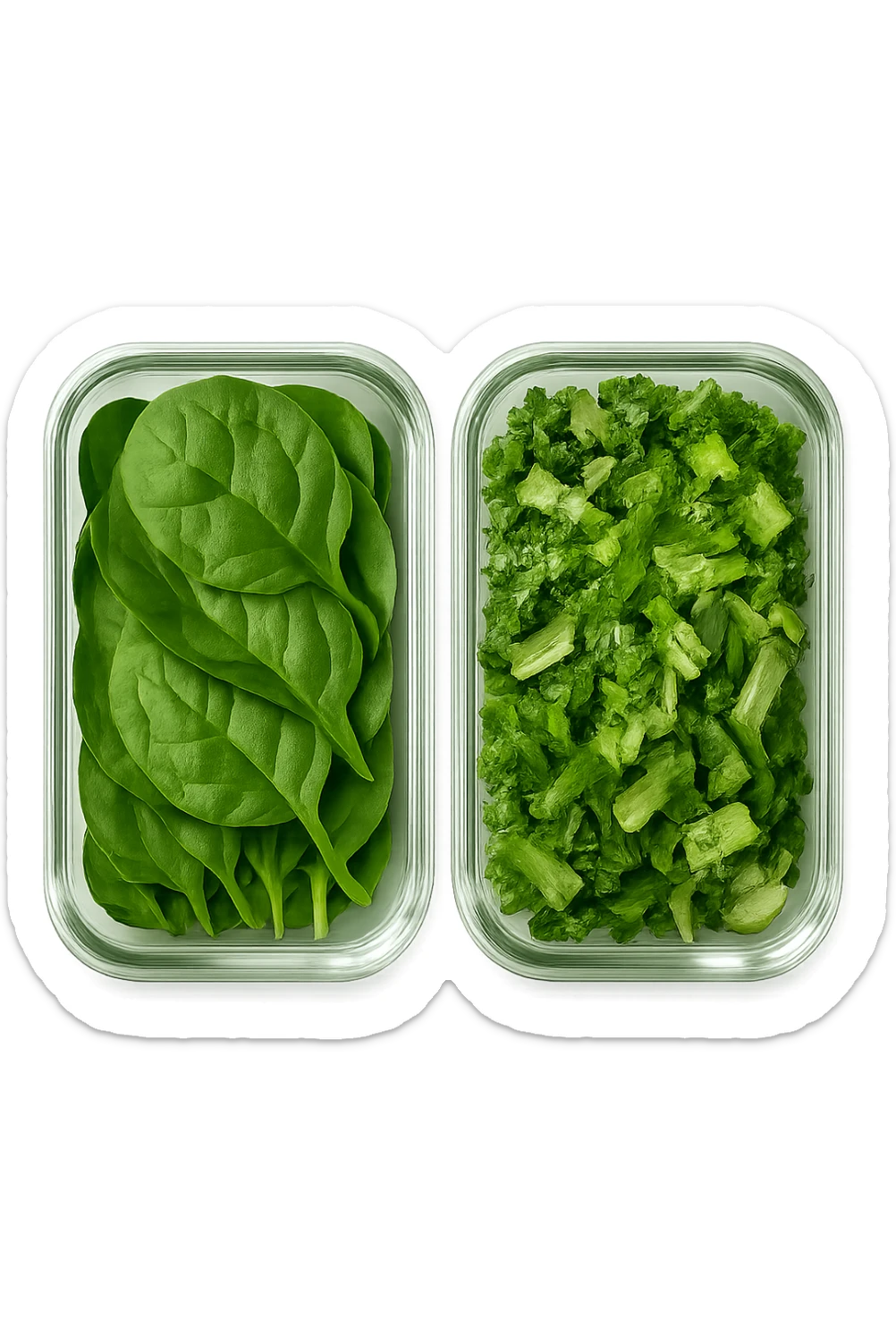 verdure tagliate e sistemate in due schiscette di vetro viste dall'alto, iperrealistico 4k sticker