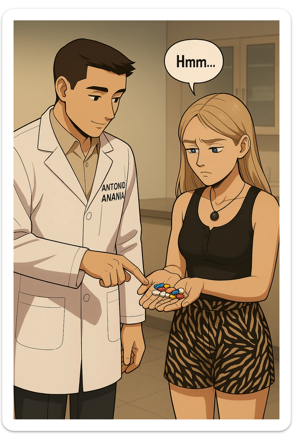 fai un webtoon/manga a colori con questo kinesiologo in camice bianco (fagli la scritta "ANTONIO ANANIA" SUL CAMICE) CHE PARLA CON QUESTA RAGAZZA CON GLI OCCHI AZZURRI. LA RAGAZZA HA UN PUGNO DI INTEGRATORI IN MANO (TANTE PILLOLE DIVERSE) E LE GUARDA DUBBIOSA. IL KINESIOLOGO CON IL CAMICE BIANCO LE TOCCA LA PANCIA CON UN DITO. NON FARE I FUMETTI, FAI SOLO LORO COME SE DIALOGASSERO sticker