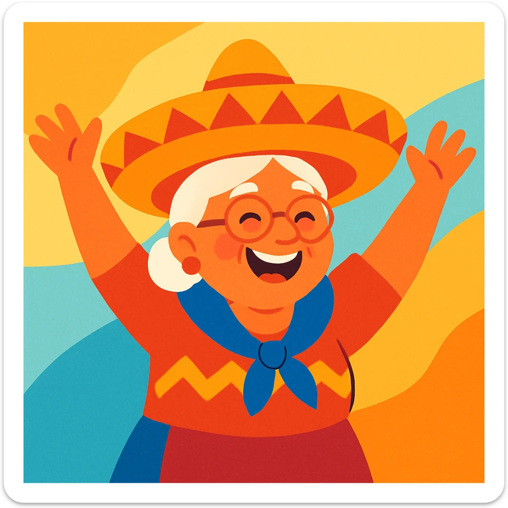grandma with a sombrero, arms up in the air, vibrant and joyful sticker