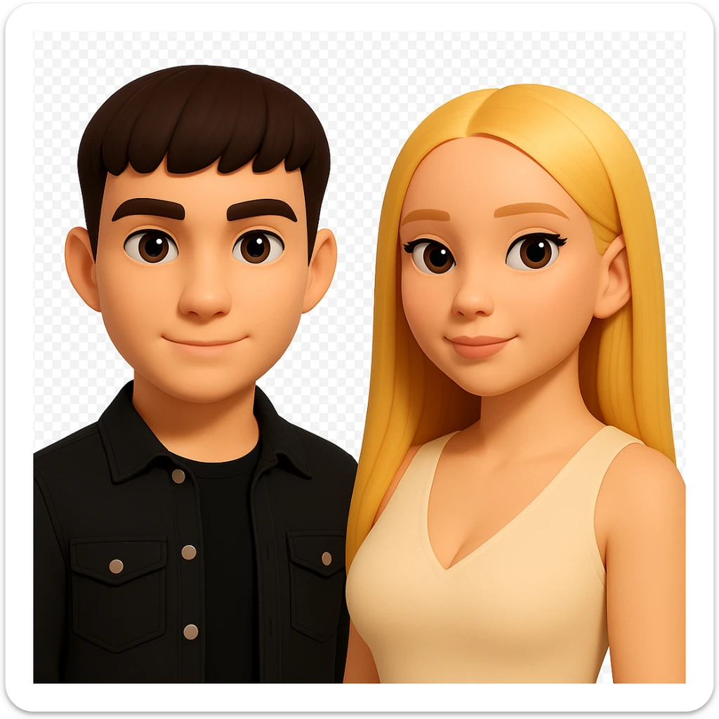 Slightly increase the volume of the upper body of the girl, separate the girl and the boy from each other, make the skin color the same for both. Maintain the cartoonish 3D style look as in the reference image. Keep the background transparent. sticker