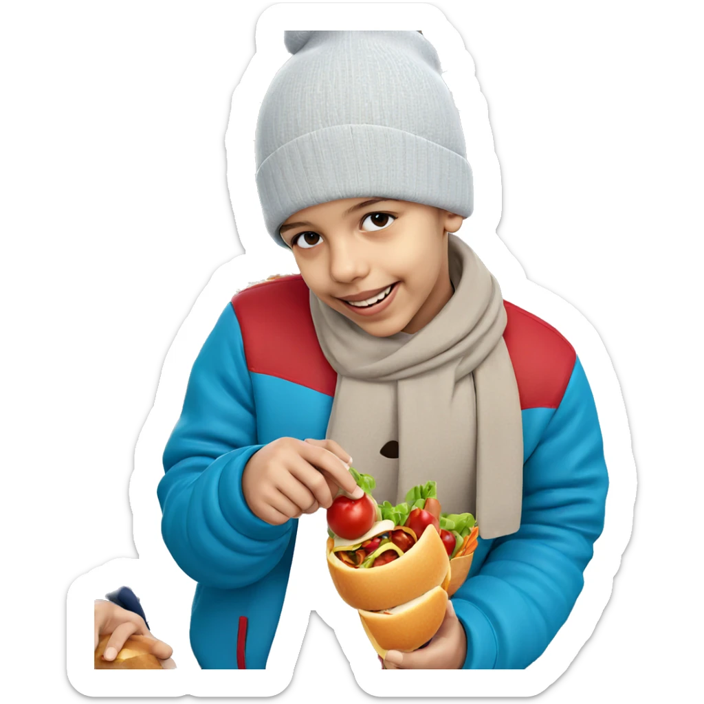 smiling man in beanie holding food sticker