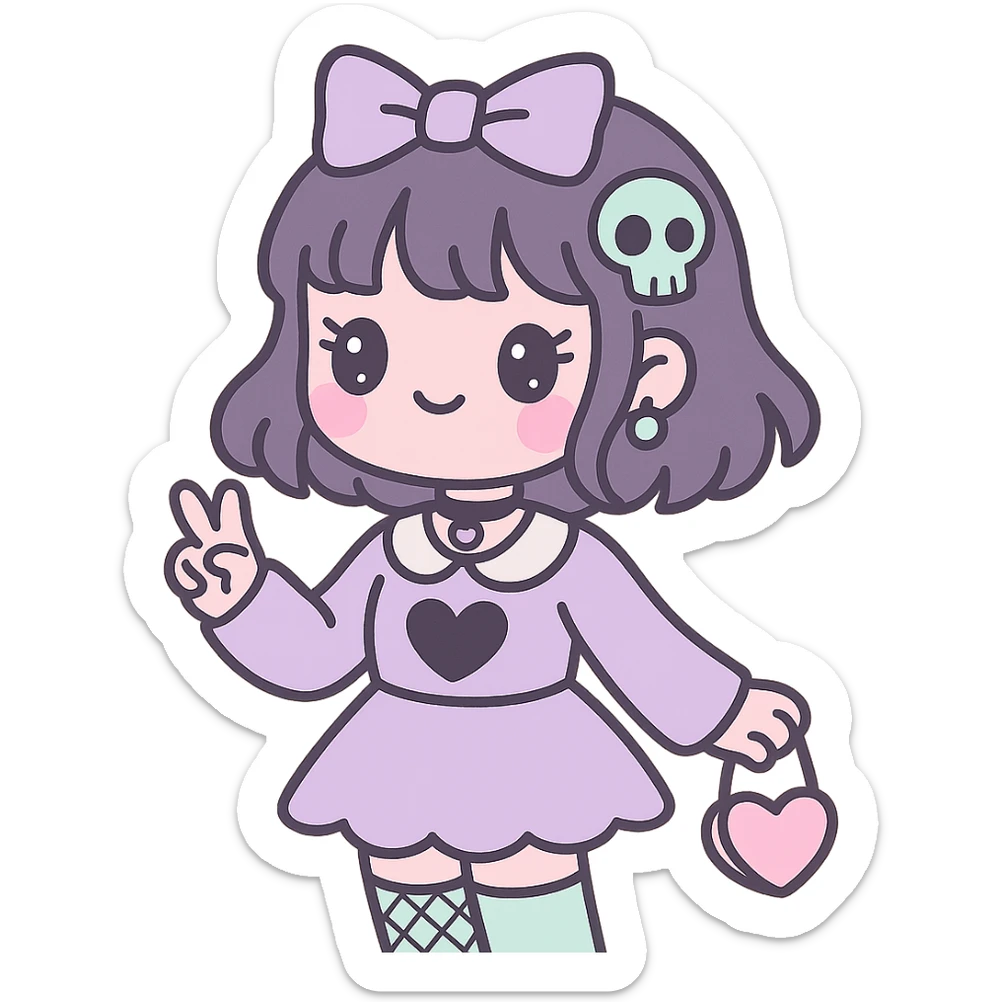 gothic K-pop girl in dreamy pastel goth style, soft colors, gothic details, whimsical pose, cute accessories sticker