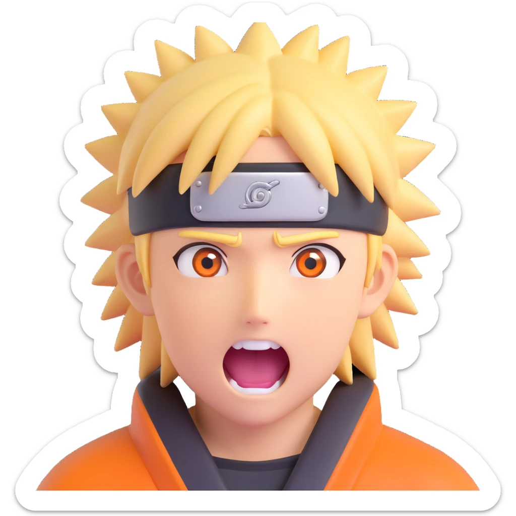 shocked Naruto with spiky blond hair, wide eyes, mouth open, orange headband, anime style, simplified for 3D iOS emoji sticker
