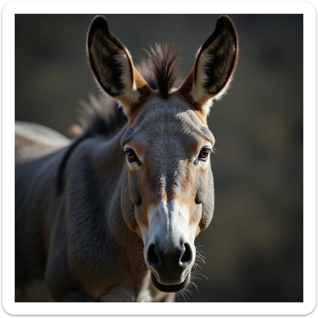 realistic mule, close-up of face, ears pinned back in anger, intense eyes, lifelike texture sticker