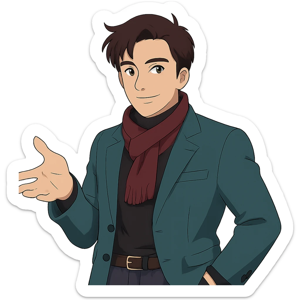 Dress the man in a more stylish, fashionable outfit in Ghibli style, with no background. sticker