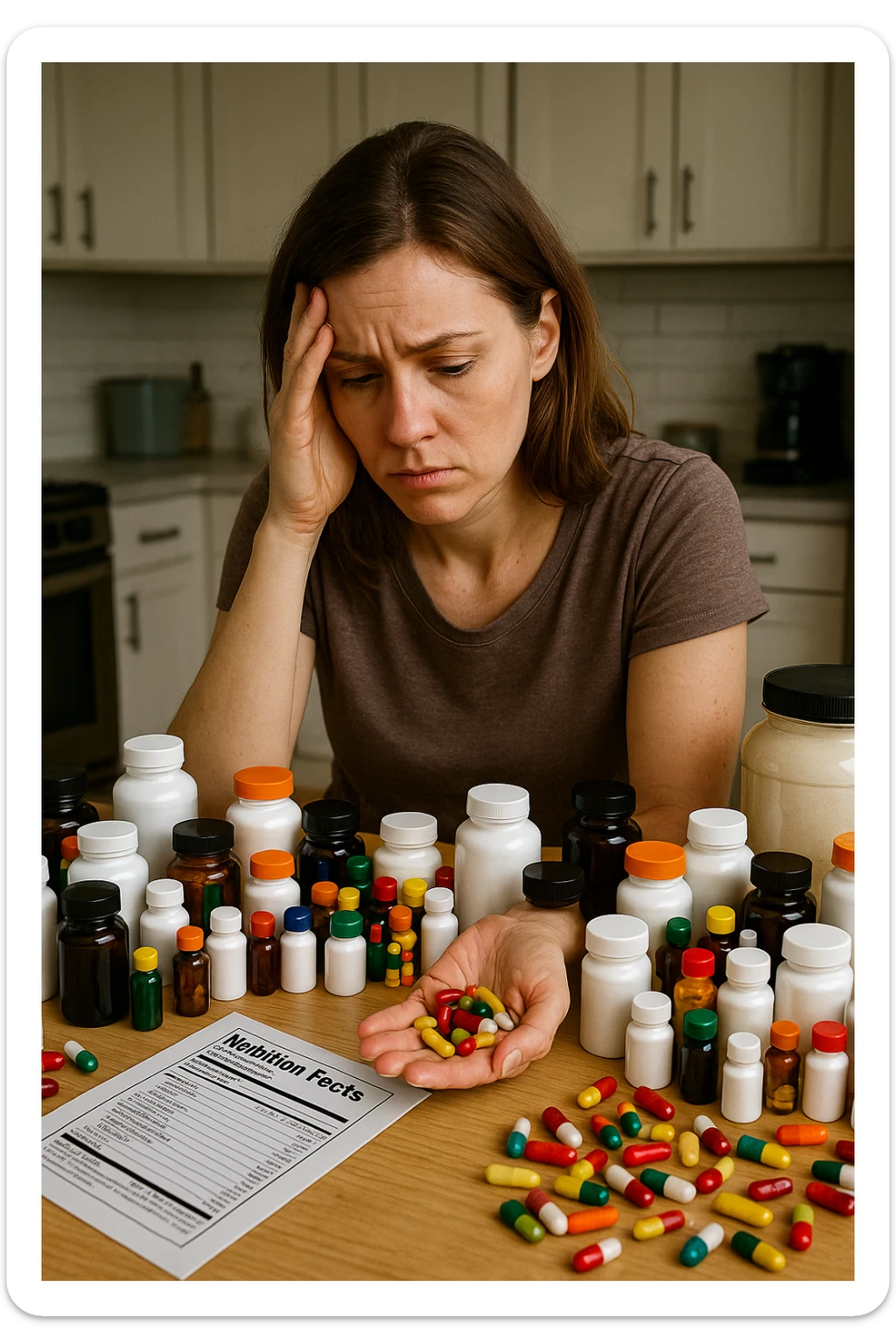 a woman in her 30s sits at her kitchen table, surrounded by dozens of supplement bottles, powders, and pills. She looks anxious and fatigued, with her head resting in one hand while the other holds a handful of colorful capsules. On the table, a nutrition chart is ignored, and her skin appears slightly dull or stressed. The mood is cautionary and educational. in italiano sticker