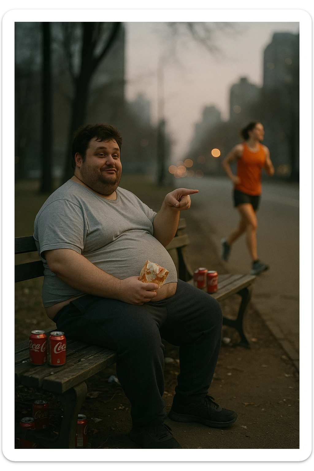 A cinematic urban scene showing an overweight man in his late 30s sitting on a park bench, with a fast food wrapper in one hand and a smirk on his face. He points mockingly toward a fit, athletic person jogging nearby. The man is wearing casual clothes that barely fit — a stretched-out T-shirt and sweatpants — and his posture is slouched. His expression is sarcastic, laughing, but there’s a subtle shadow of insecurity in his eyes. The contrast is clear: the jogger is framed in soft morning light, moving with energy and purpose, while the man on the bench is surrounded by clutter, soda cans, and dim, flat lighting. Shot in 35mm cinematic style, shallow depth of field, with muted tones around the man and vibrant light around the jogger — emphasizing the disconnect between appearance and attitude. sticker