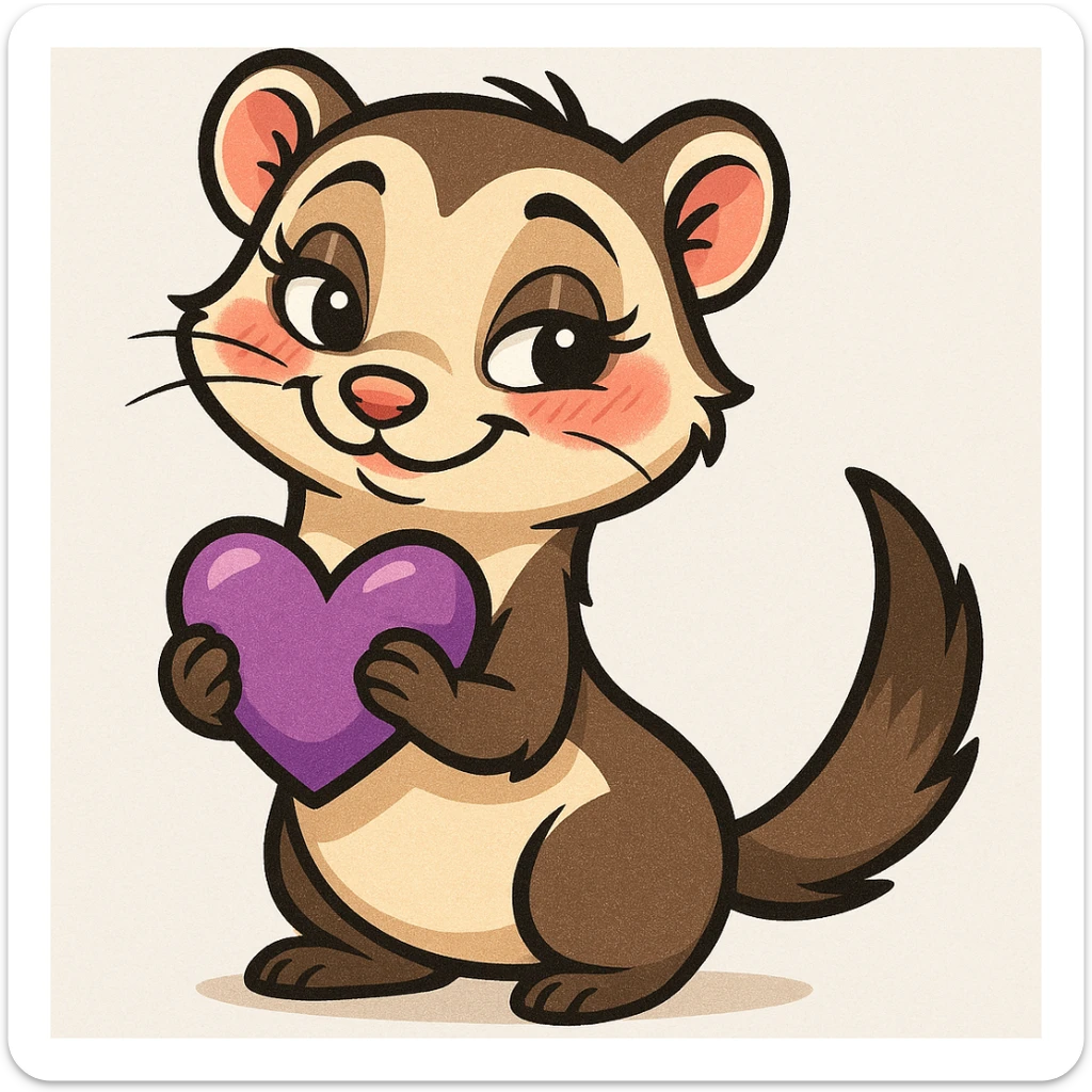 flirtatious ferret with a purple heart, cartoon style, big eyes, blushing cheeks sticker