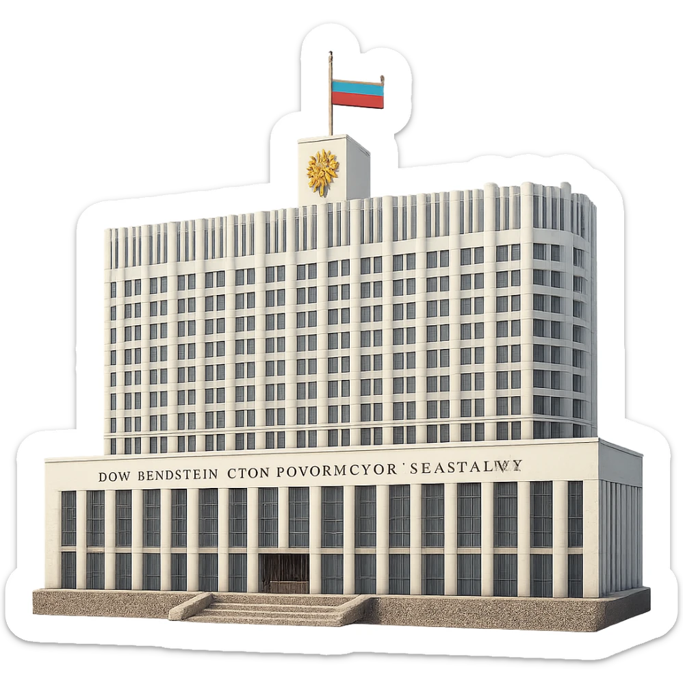 cinematic, realistic emoji of the White House (Дом Правительства Российской Федерации), the Russian parliament building in Moscow, with its distinctive modernist white facade and flag on top, lifelike detail, accurate colors, bright lighting, fully transparent background with no sky, slightly zoomed out for a wider angle view sticker