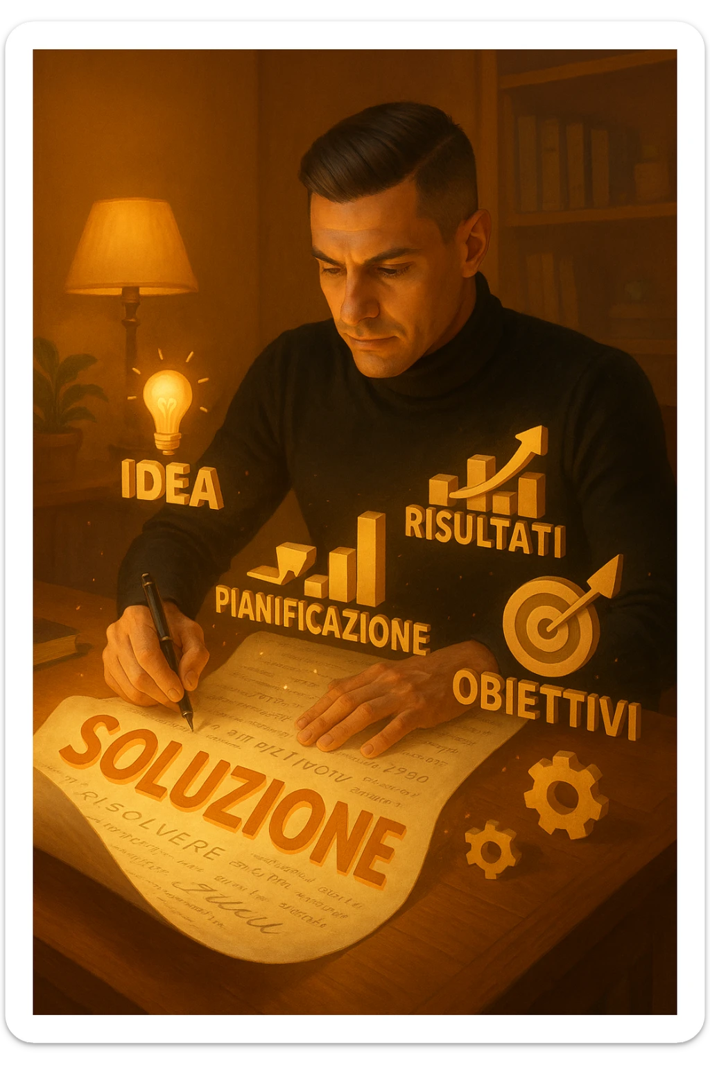 Un uomo concentrato, seduto alla sua scrivania in una stanza con luce calda, sta scrivendo su un enorme foglio di carta che si espande magicamente davanti a lui. Mentre scrive, le parole si trasformano in elementi visivi tridimensionali che rappresentano le soluzioni ai suoi problemi in italiano sticker