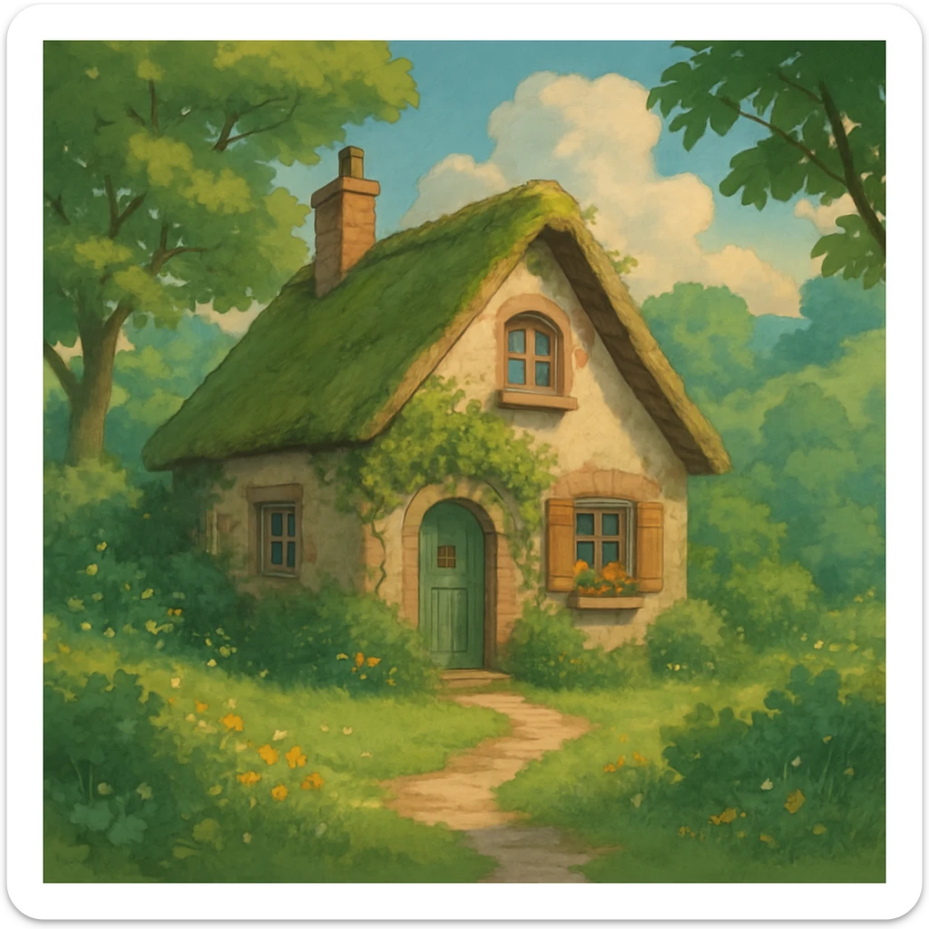 cozy cottage in a lush landscape with gentle lighting in ghibli style sticker