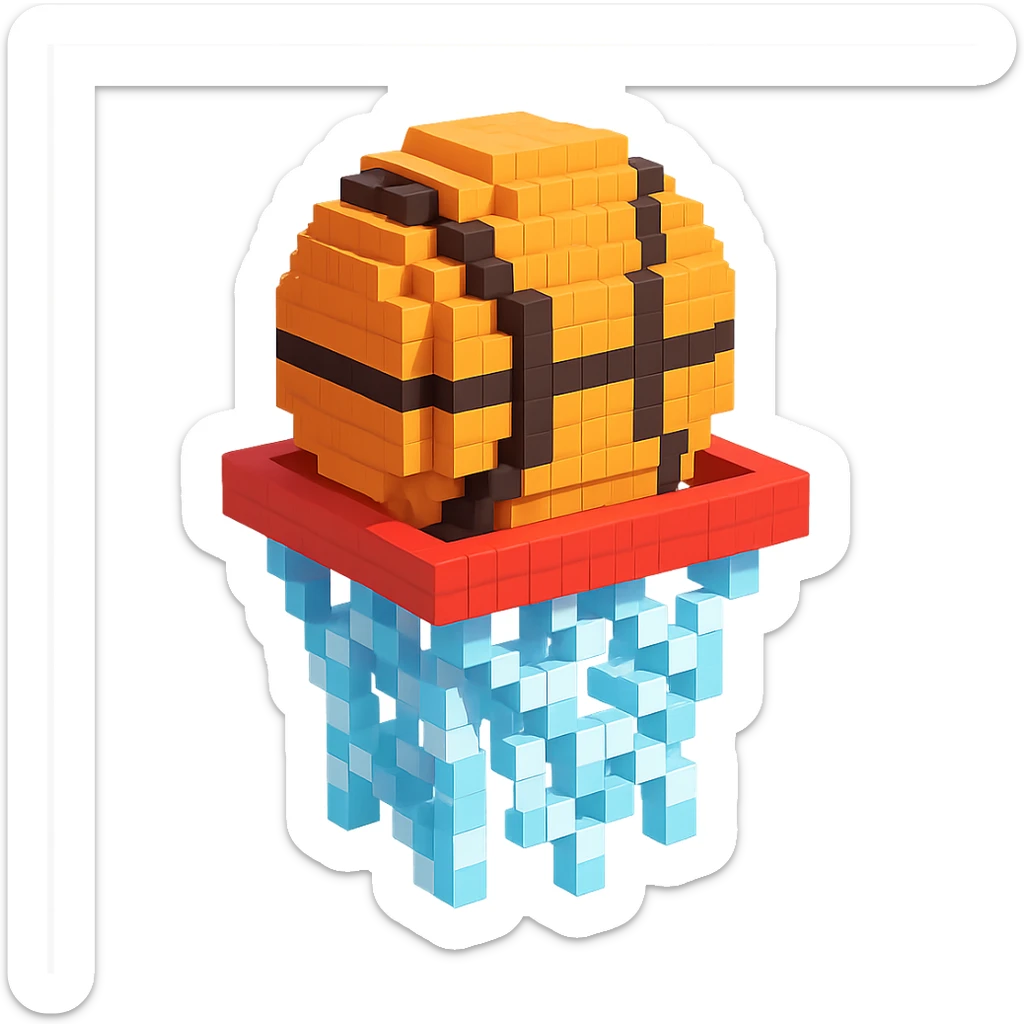 Voxel-style basketball in a net, variation 6 sticker