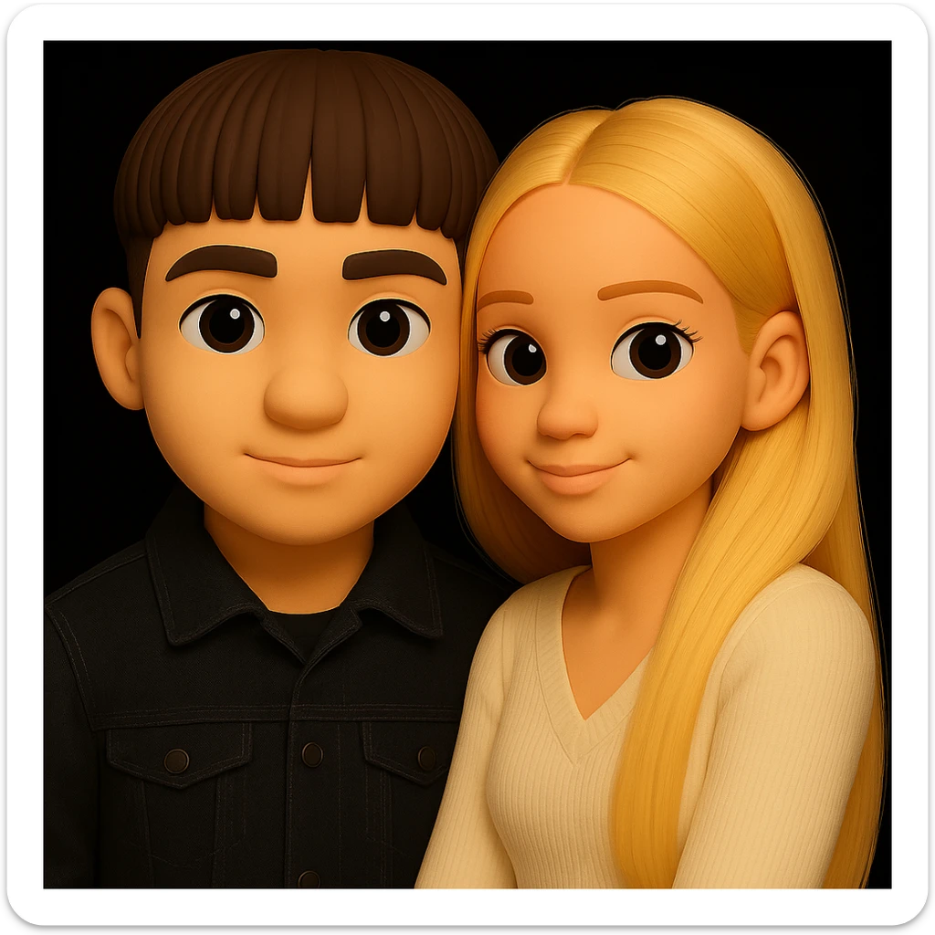 Change the boy's outfit to a black denim jacket, keeping the 3D emoji style unchanged. The girl should remain the same. The style is 3D emoji style, so maintain the look and feel of Microsoft style 3D fluent emojis. sticker