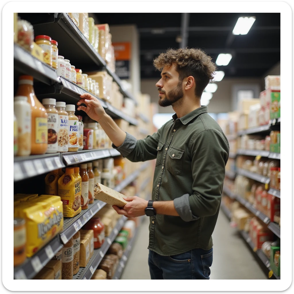 realistic 28-year-old man grocery shopping choosing only gluten-free products, checking labels, supermarket sticker