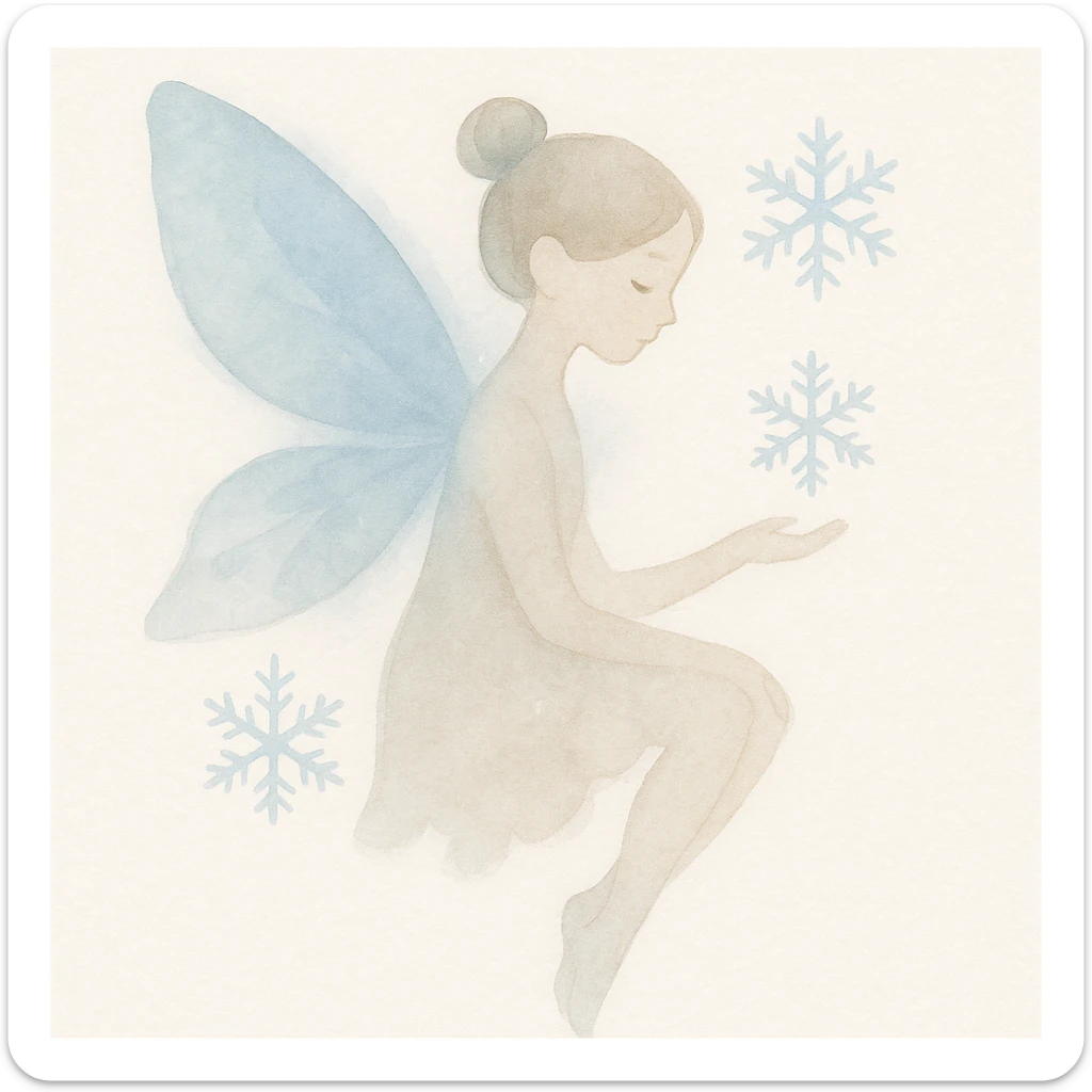 winter fairy with icy blue wings, snowflake patterns, and a frosty glow, delicate watercolor style sticker