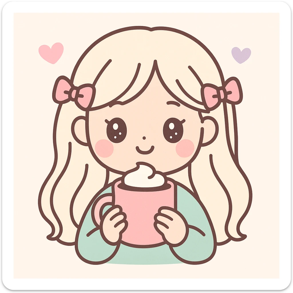 platinum blonde woman with pink bows in hair drinking hot chocolate from a pink mug, kawaii style sticker