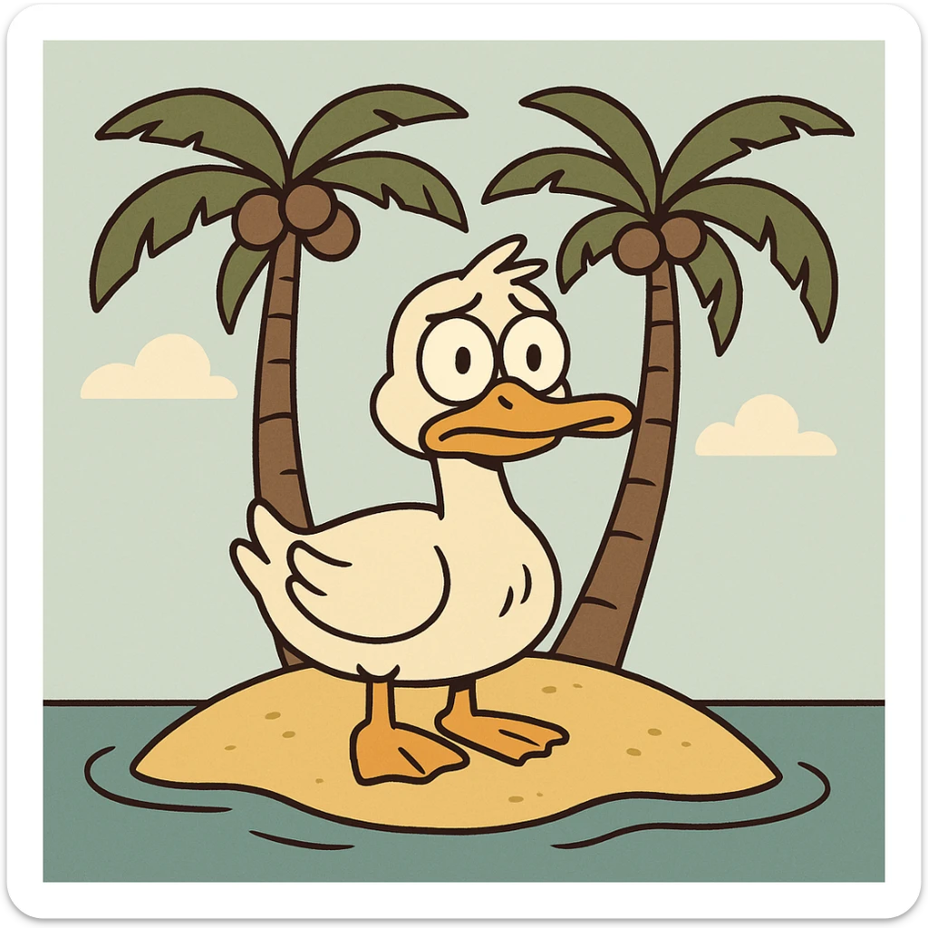 cartoon of a duck standing on an island with two coconut trees, simple and bold lines, flat toon style sticker