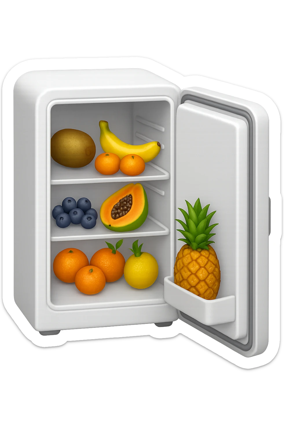 emoji stile iphone di un frigo aperto con dentro ben visibili questi alimenti: Kiwi
Banana acerba
Arance e mandarini
Mirtilli
Ananas
Papaya
IPERREALISTICO 4K sticker