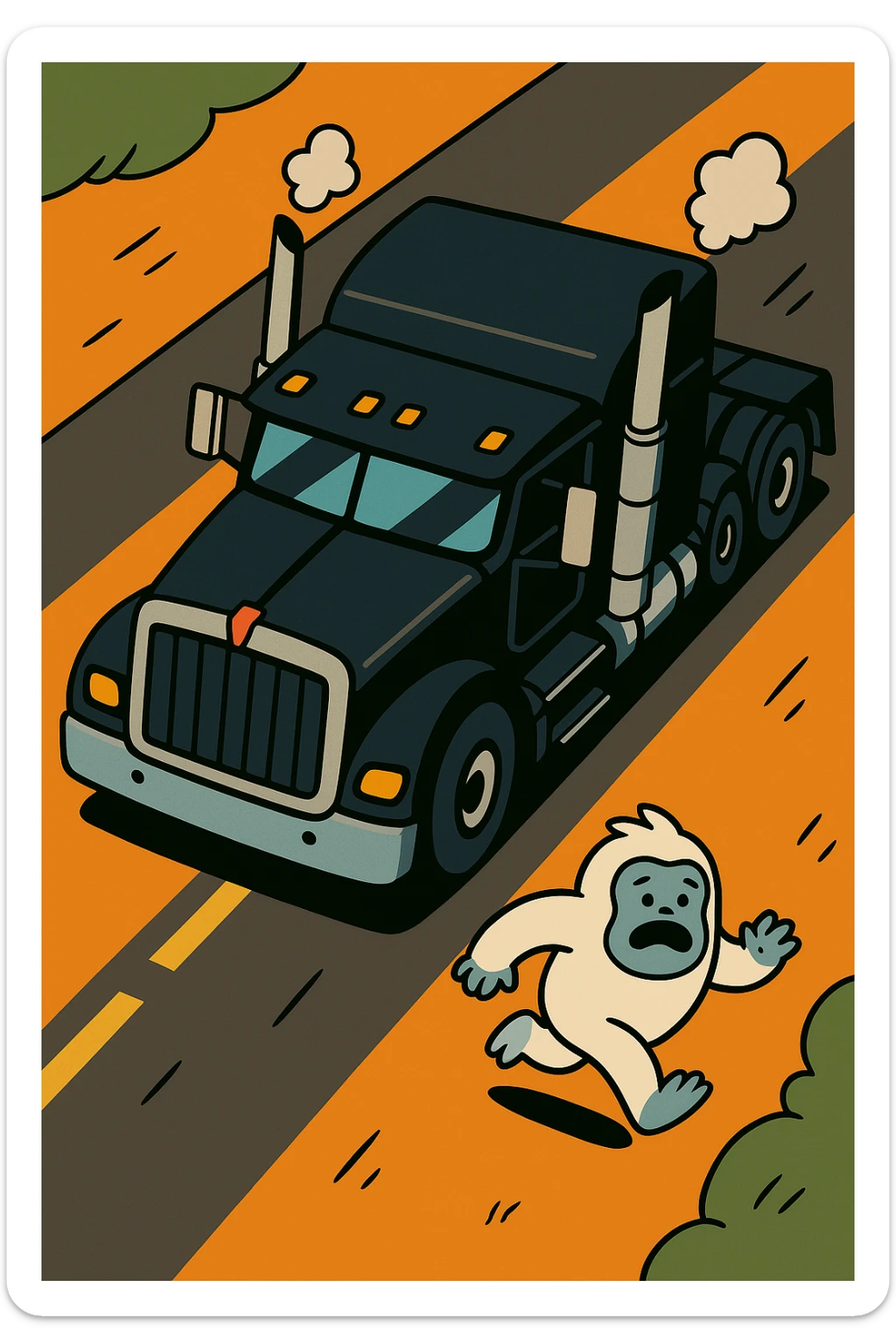 Place the tiny abominable snowman directly on the road in front of the black 2026 Kenworth W680 flat top semi sleeper, top-down cartoon style, no text. The style should be a top-down cartoon style, colorful and playful, with no text. sticker