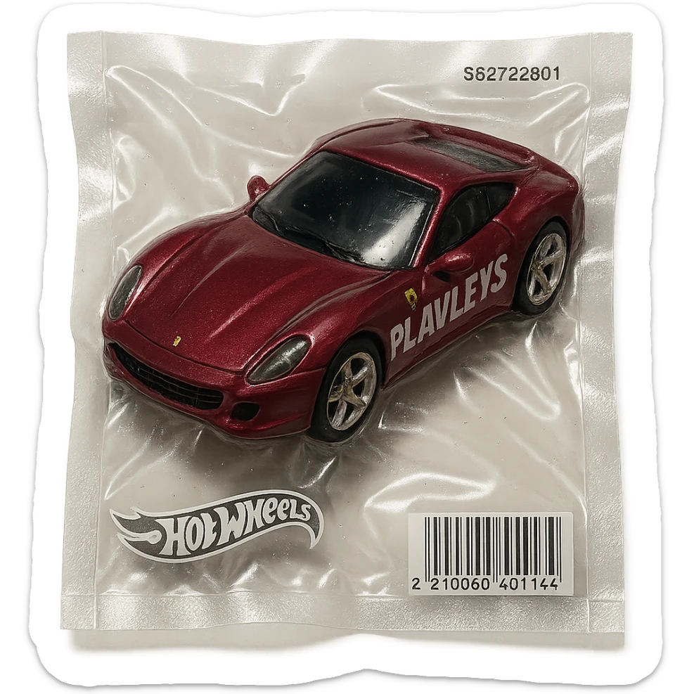 burgundy Hot Wheels Ferrari toy car with 'PLAVLEYS' lettering on the body, shiny and inflated, vacuum-sealed style sticker