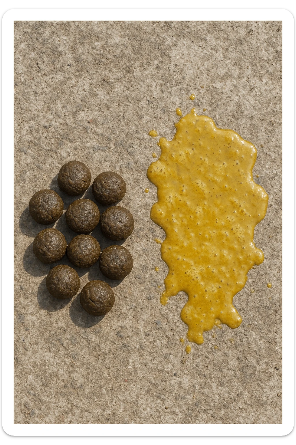 feci di animale a palline viste dall'alto e feci di animale liquide e gialline viste dall'alto, iperrealistico 4k sticker