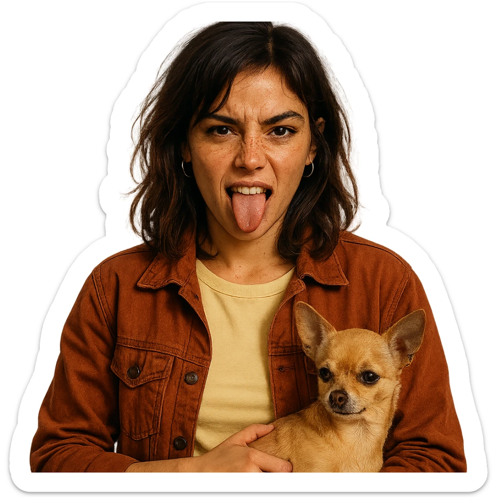 rebellious and playful woman with tanned skin and freckles, wearing a pale yellow shirt (#FFF8CA) and rust-colored jacket, medium-length brown hair with auburn highlights, holding a beige-brown chihuahua, Netflix series style, transparent background sticker