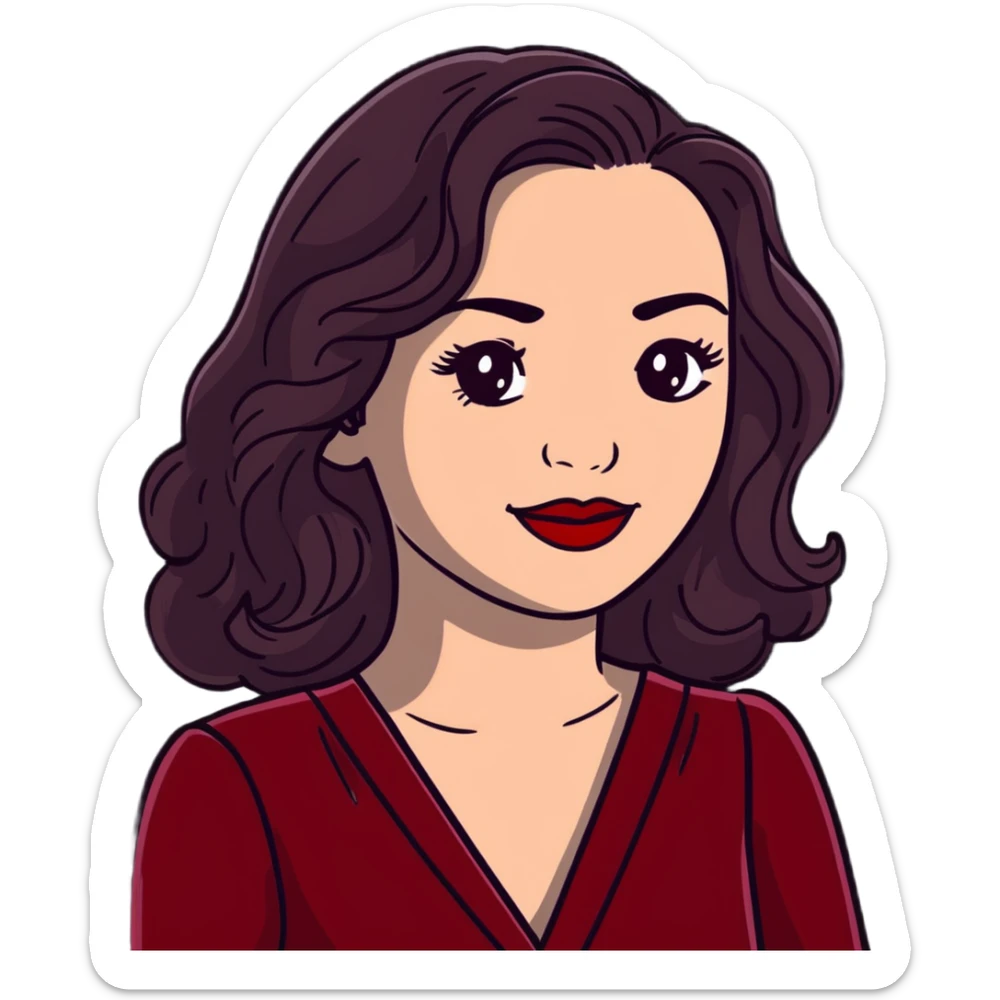 Elegant high-profile woman with glowing fair skin, long dark straight hair with soft waves, large dark eyes with dramatic makeup, defined eyebrows, full red lipstick, wearing wine red velvet dress with V-neckline, glamorous confident smile sticker