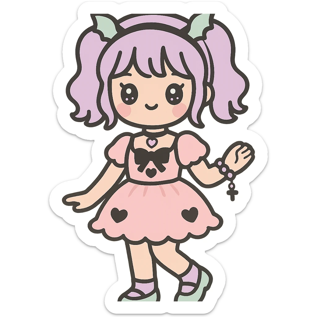 K-pop girl in pastel goth fashion, frilly dress, soft color palette, gothic motifs, whimsical stance, cute jewelry sticker