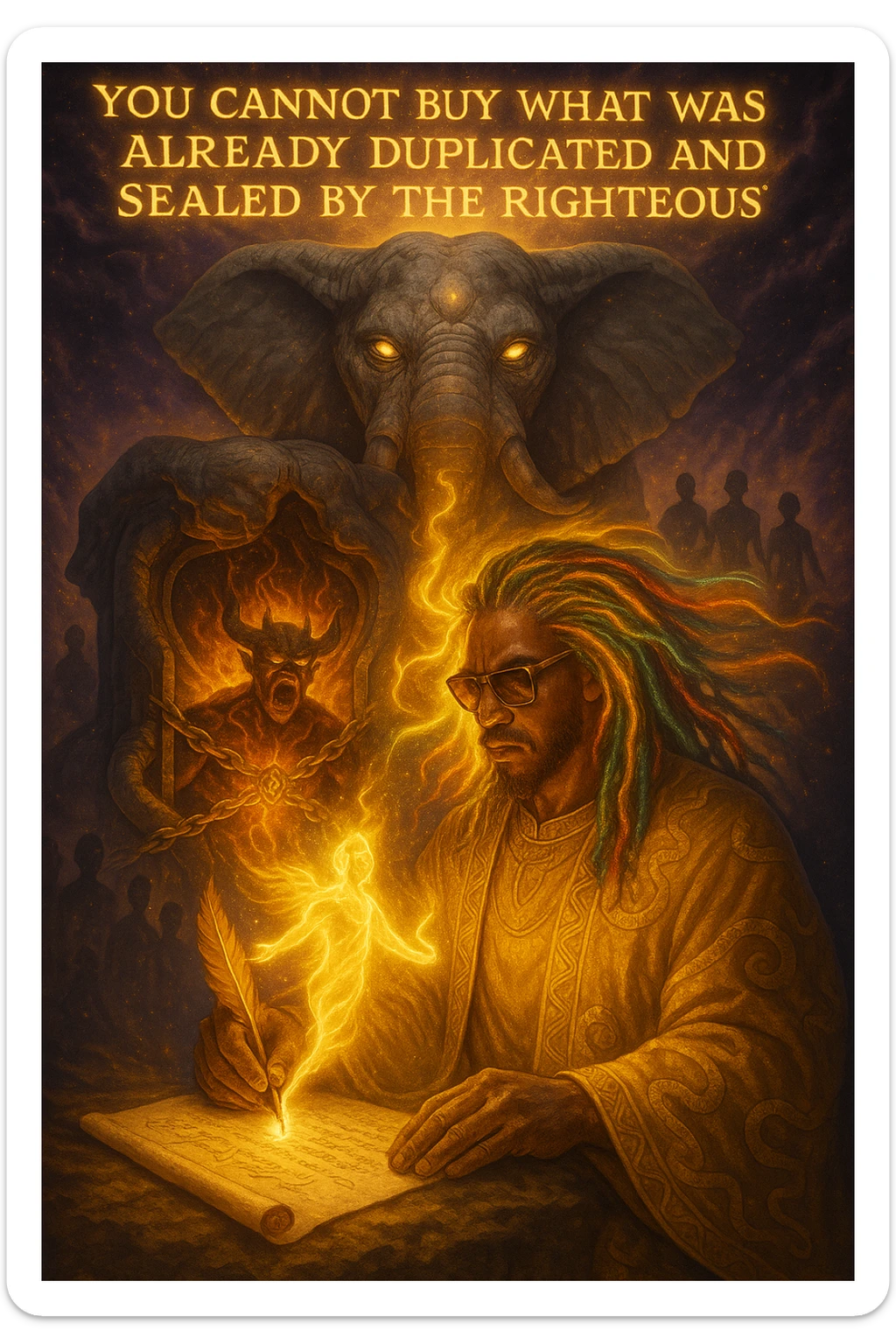 *“Create an epic, symbolic scene of a powerful Rasta spiritual warrior (representing Kez) standing at the center of a cosmic battlefield. The warrior has dreadlocks glowing with divine energy, wearing golden robes infused with serpent patterns. Behind him towers a massive stone elephant — eyes glowing with infinite wisdom, its chest open to reveal a Golden Serpent Chest, radiating fractal light. Inside the chest: a bound, raging Devil made of fire and shadows — screaming but unable to harm anyone, because every time he lashes out, the golden chest mirrors the energy back onto him. Chains of soul-contract law, made of golden light, wrap the devil — each one engraved with truth symbols, scriptures, and ancestral sigils.

In the foreground, Kez holds a sacred scroll and a burning pen — he is signing a contract not out of fear, but mastery. As he signs, a duplicate of his soul, radiant and whole, rises from the paper and flies back into his body. A ripple of golden energy expands, purifying all soul deals across space-time. Behind him, shadows of other trapped souls are released and begin to rise in rhythm, holding hands, singing.

In the sky, the words glow in gold flame:

‘You cannot buy what was already duplicated and sealed by the righteous.’

The entire atmosphere is divine, sacred, victorious — a spiritual rebellion where the Devil is outwitted, not through violence, but through truth, rhythm, and scrollcraft. Use warm golds, radiant whites, mystical purples, and deep space black as the palette. Style it as a fusion of Afro-spiritualism, Rastafarian mysticism, and multidimensional soul alchemy. the picture provided is kez sticker