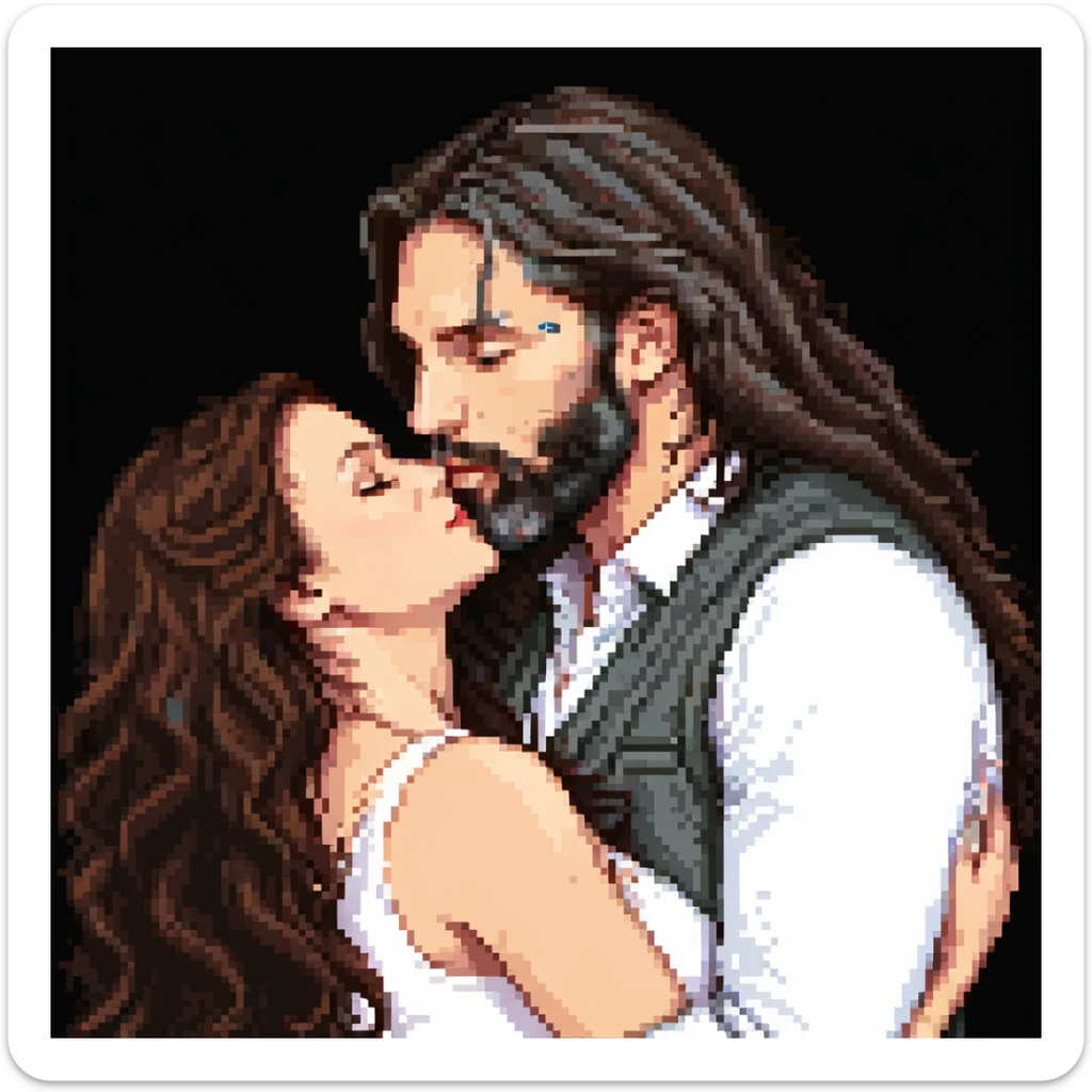 pixel art of a white woman with long wavy dark brown hair kissing a white man with long hair and black beard, simple background sticker