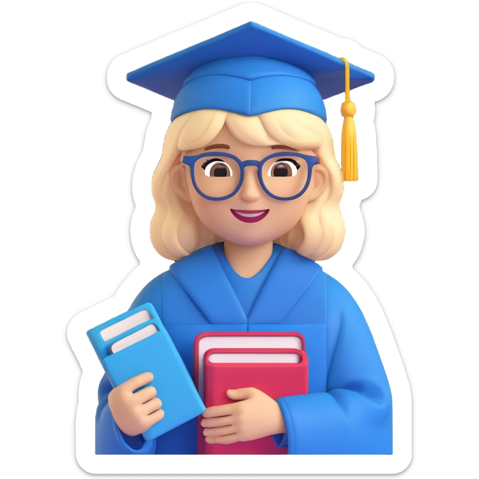 memoji of a college student, wearing glasses, holding books, cheerful, modern hairstyle, wearing a graduation cap sticker