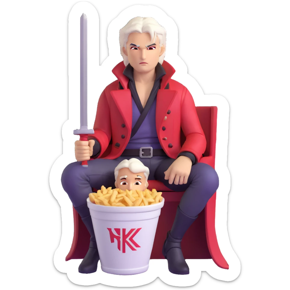 Dante from Devil May Cry sitting in a KFC bucket, red coat, white hair, rebellion sword sticker
