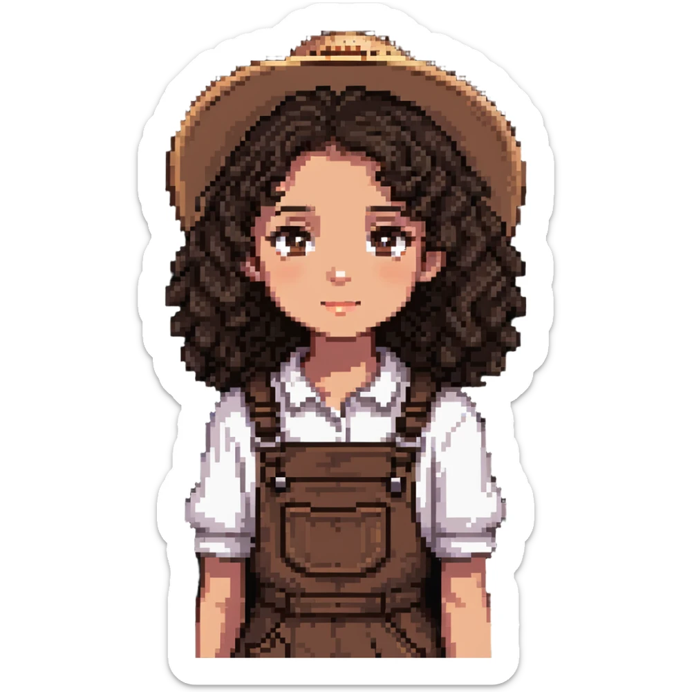 white girl with very curly dark brown hair, brown eyes, wearing farm clothes sticker