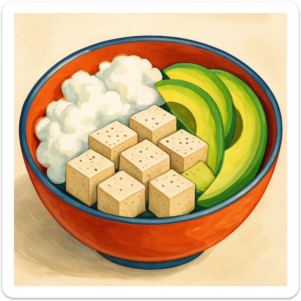 a bowl containing egg whites, tofu cubes, and avocado slices, food illustration sticker