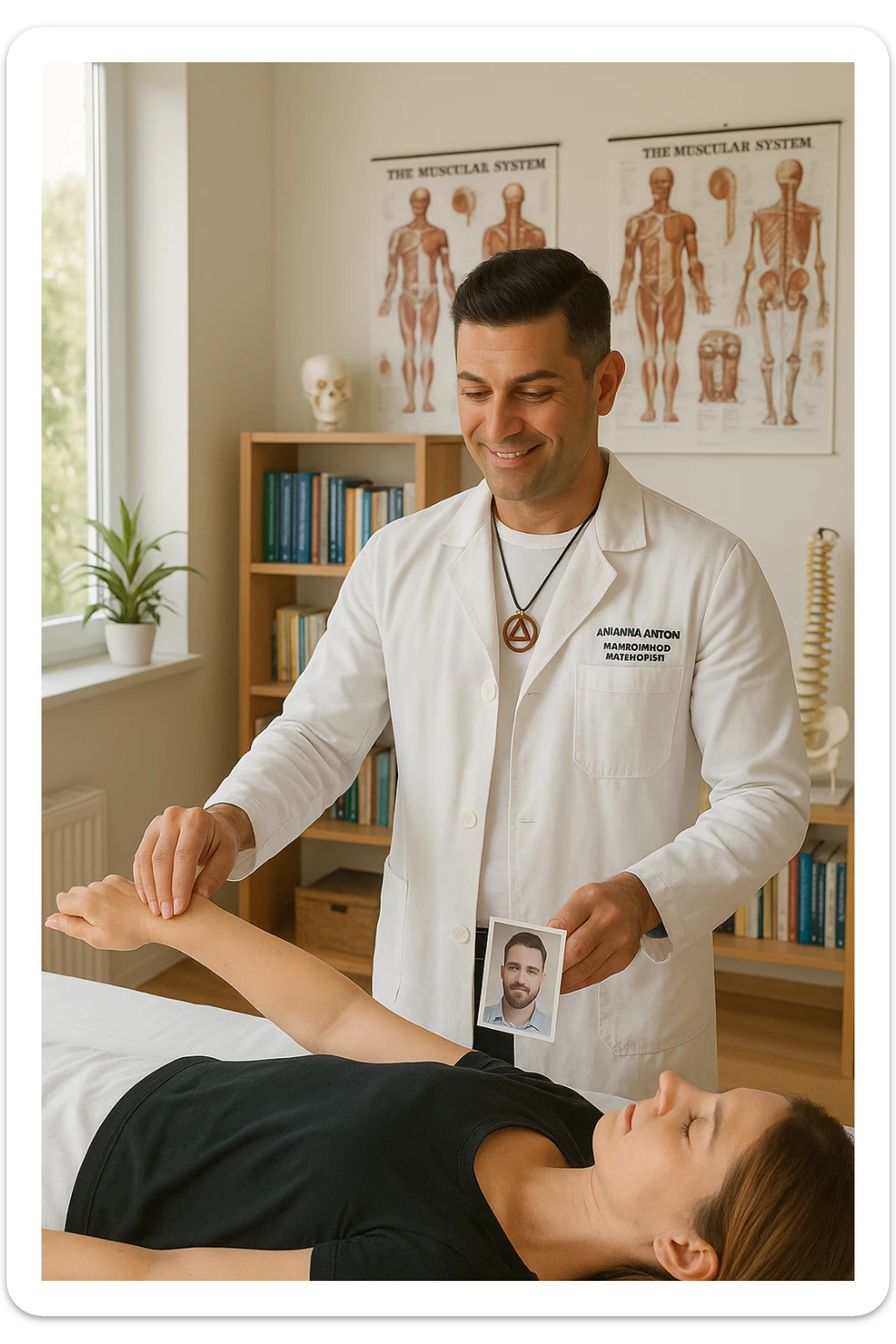 a middle-aged man, dressed in casual professional attire, is in a bright, organized therapy studio. Durante una visita di kinesiologia, il praticante tiene con una mano la foto di una persona lontana (il “testimone”) appoggiata su un tavolo, mentre con l’altra mano esegue un test muscolare su un cliente presente. Sullo sfondo si vedono libri di kinesiologia, poster anatomici e strumenti tipici della disciplina. L’atmosfera è concentrata e serena, con luce naturale che entra dalla finestra, sottolineando l’aspetto alternativo e umano della pratica. sticker