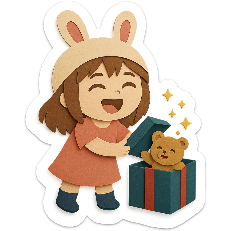 Edit the appearance of the gift box and teddy bear to be well-shaped and good looking, with no imperfections. Keep the chibi girl, style, pose, and all other design elements the same. Full body, paper-craft style. sticker