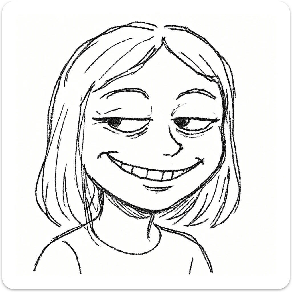 smiling girl meme parody with sly smile, background inspired by wojak meme sticker