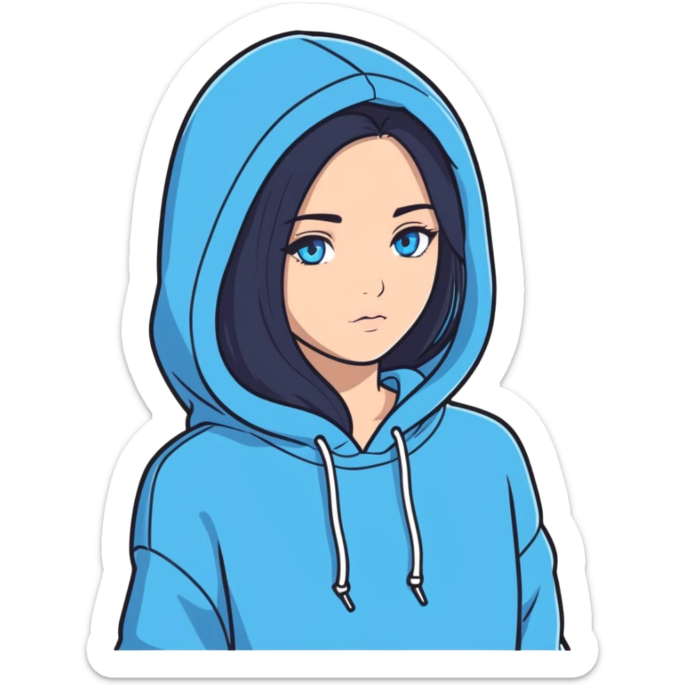 A girl with long black hair and blue eyes with a hoodie on  sticker