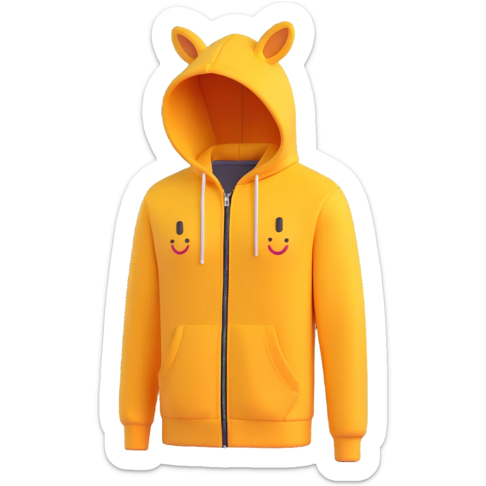 cozy red hoodie with drawstring and kangaroo pocket, zipped up, 3D emoji style sticker