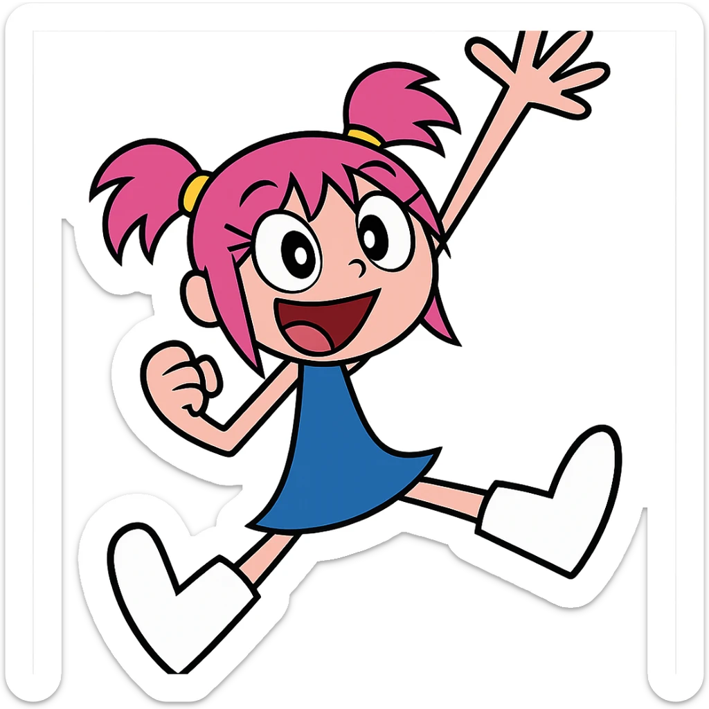 Ami Onuki, cheerful girl with pink hair in pigtails, wearing a blue dress, inspired by the character from Hi Hi Puffy AmiYumi, in a fun and energetic pose sticker