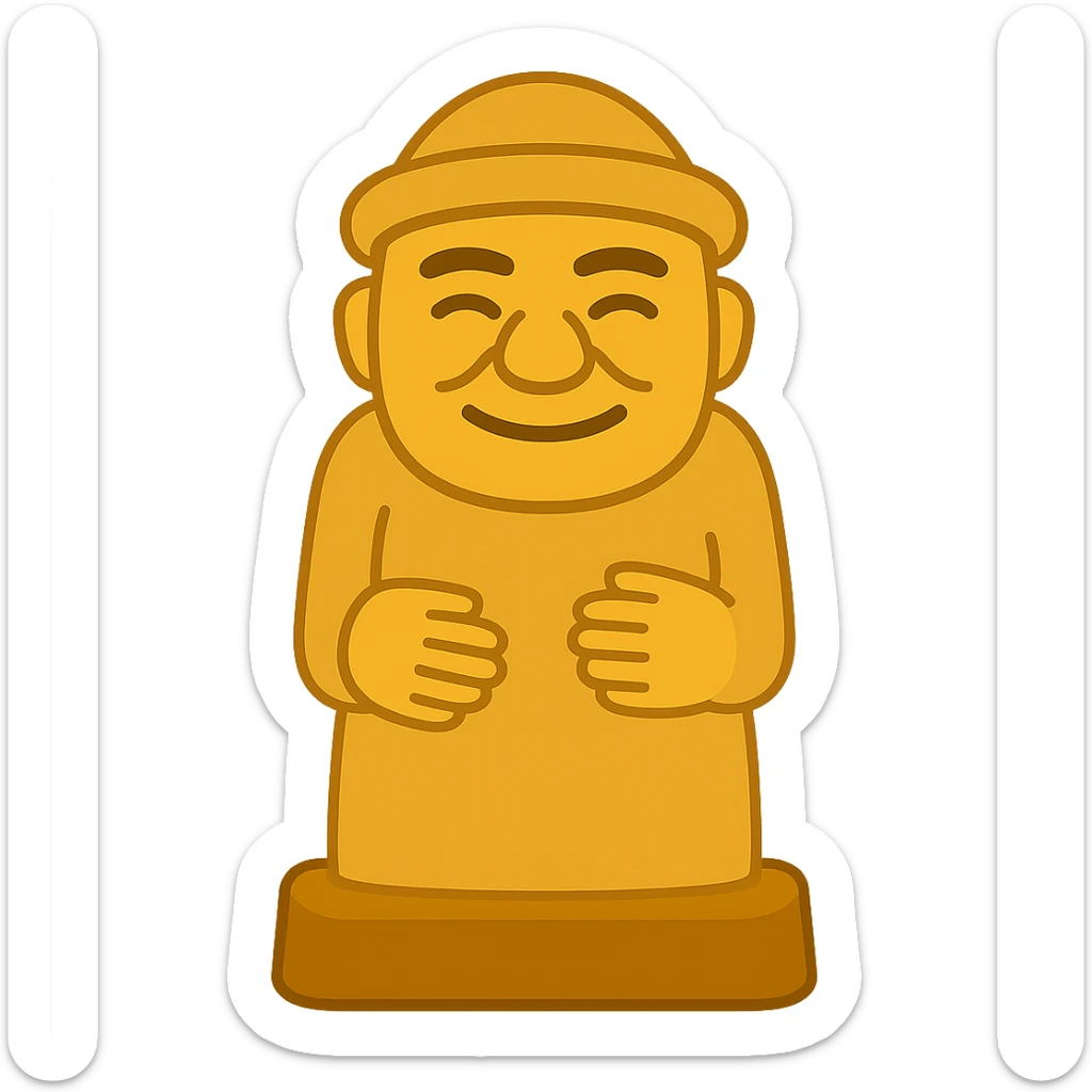 Create an emoji style illustration of a Dolhareubang, a traditional Korean stone statue, based on the provided reference image. The style should mimic apple style emojis with simple, concise features and no background. sticker