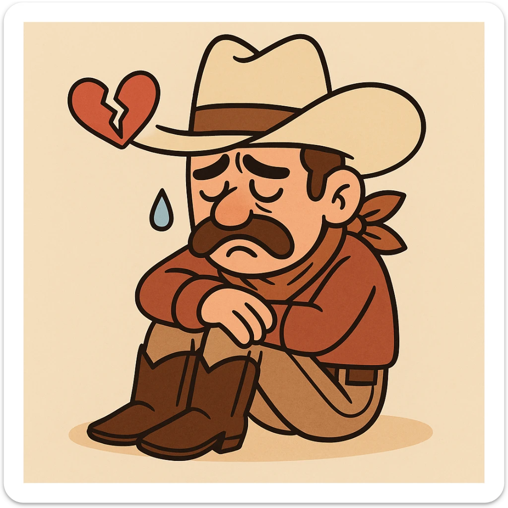 heartbroken cowboy, cartoon style, expressive, wearing hat and boots, showing sadness and heartbreak sticker