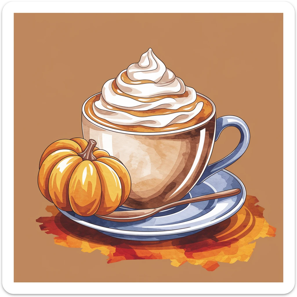 coffee latte art seamless background, pumpkin spice latte, creamy brown and orange tones, cozy autumn café vibe, watercolor effect sticker