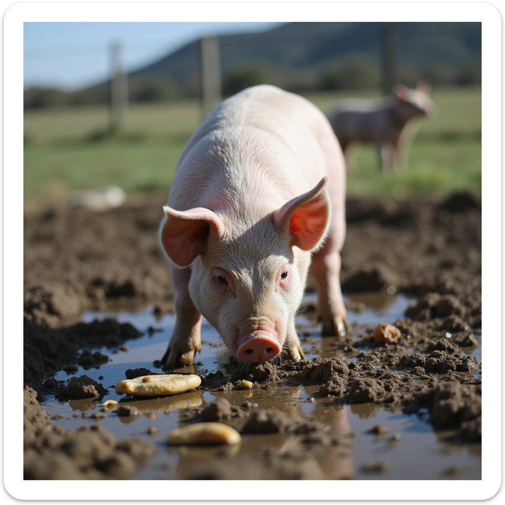pig in an outdoor pen, feeding on leftovers and feces in the mud, rural environment, natural light, 4K quality sticker