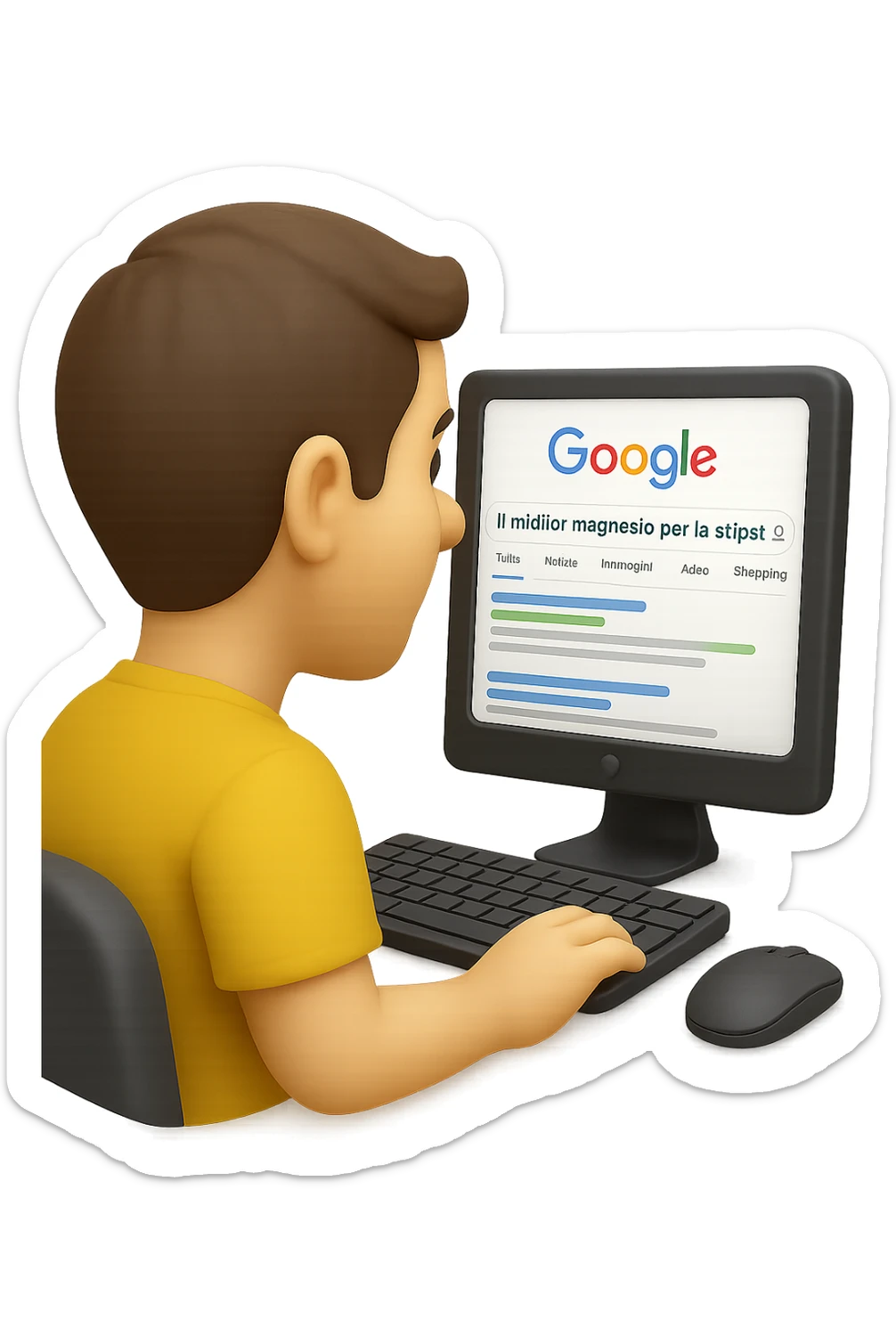 emoji stile iphone di un uomo davanti al pc che cerca di google: "Il miglior magnesio per la stipsi", iperrealistico 4k sticker