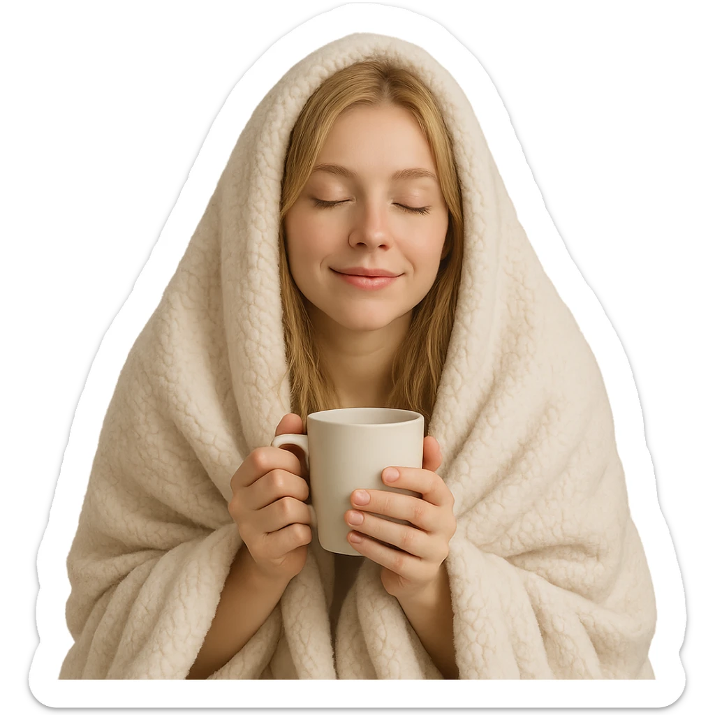blonde girl inside a fluffy blanket, holding a coffee mug, eyes gently closed, relaxed expression sticker