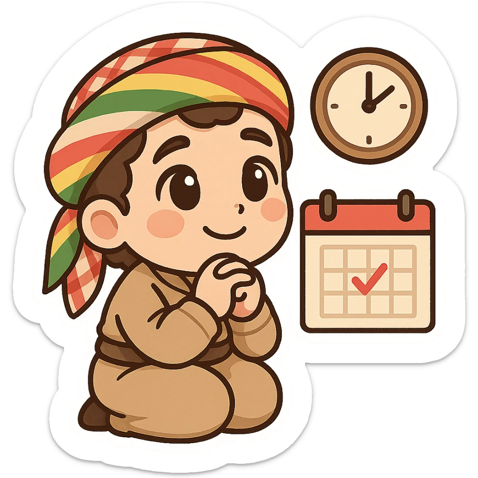 Kurdish sticker, cartoon style, Kurdish man or woman in jamadani, waiting with a hopeful face, maybe looking at a clock or calendar, no text sticker