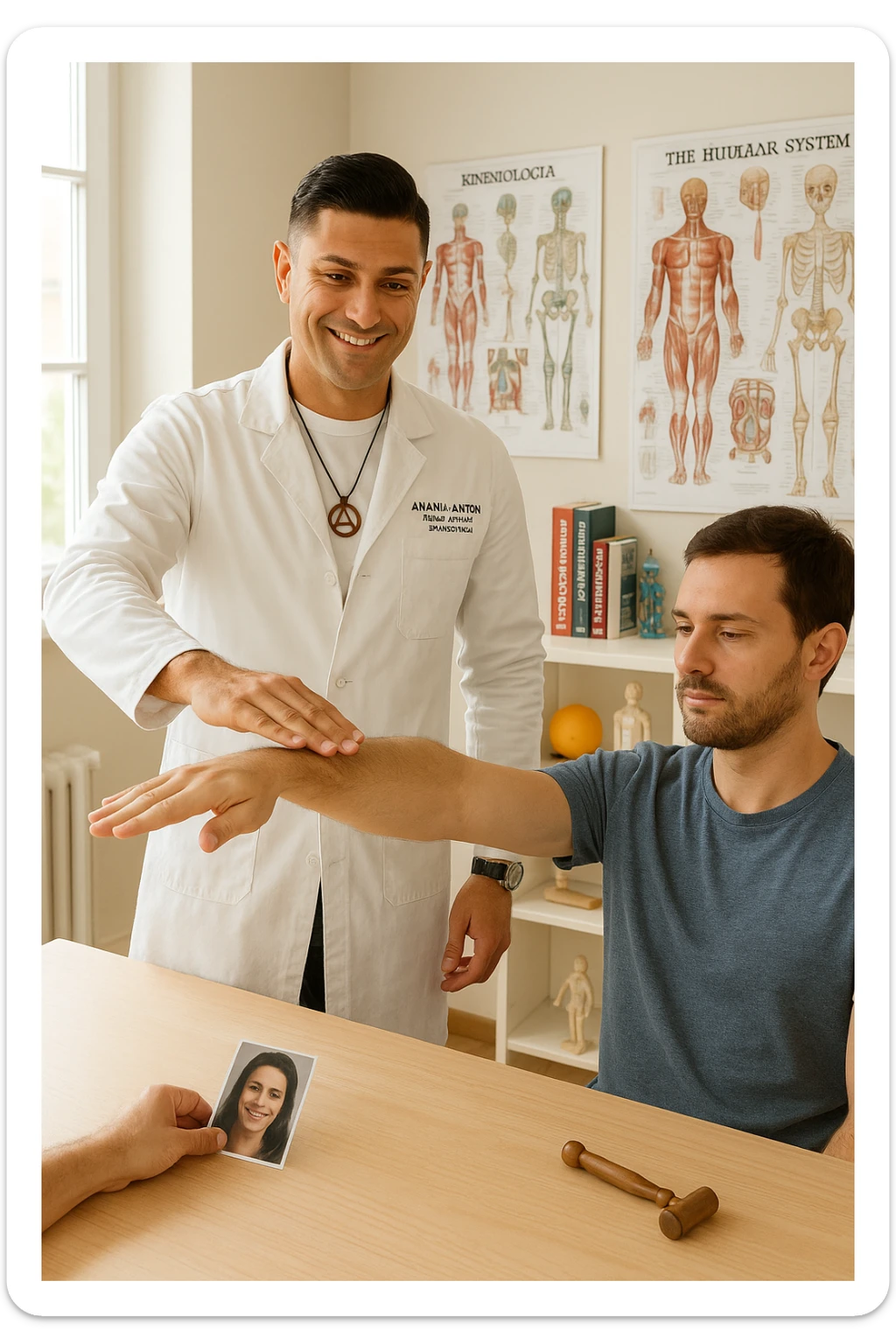 a middle-aged man, dressed in casual professional attire, is in a bright, organized therapy studio. Durante una visita di kinesiologia, il praticante tiene con una mano la foto di una persona lontana (il “testimone”) appoggiata su un tavolo, mentre con l’altra mano esegue un test muscolare su un cliente presente. Sullo sfondo si vedono libri di kinesiologia, poster anatomici e strumenti tipici della disciplina. L’atmosfera è concentrata e serena, con luce naturale che entra dalla finestra, sottolineando l’aspetto alternativo e umano della pratica. sticker